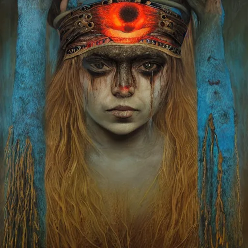 Image similar to A young blindfolded shaman woman with a decorated headband from which blood flows, in the style of heilung, blue hair and wood on her head. The background is a forest on fire, made by Esao Andrews and Karol Bak and Zdzislaw Beksinski,