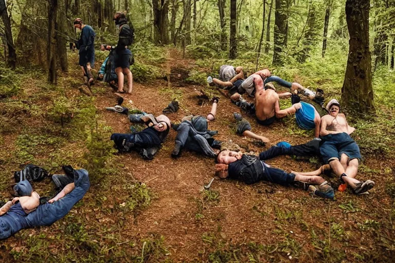 Image similar to mid - thirties guys binge drinking and hiking in a forest, one person pissing on a tree, one person is laying on the ground drunk, in the style of simon stalenhag