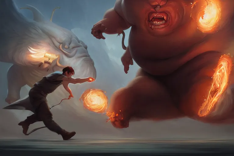Image similar to a dynamic painting of a sorcerer fighting a gigantic white fat monster, obese monstrosity fight by charlie bowater, artgerm, ilya kuvshinov, krenz cushart, ruan jia, realism, ultra detailed, 8 k resolution
