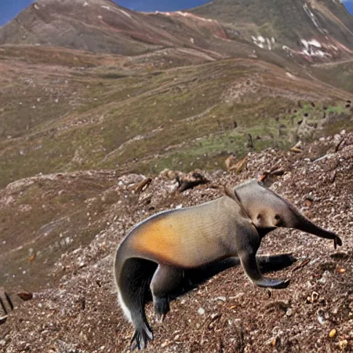 Image similar to anteater eating ants at the top of mountain, triunphantly, photograph