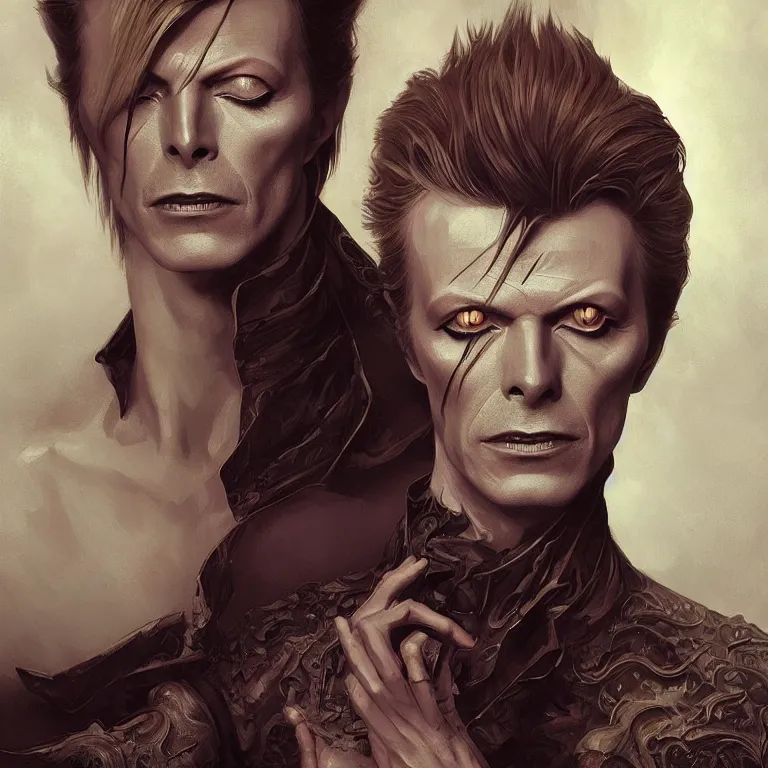 Image similar to portrait of David Bowie, fantasy, intricate, elegant, highly detailed, digital painting, artstation, concept art, smooth, sharp focus, illustration, art by artgerm and greg rutkowski and alphonse mucha