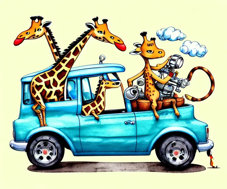 Prompt: cute and funny, giraffe riding in a tiny hot rod with oversized engine, ratfink style by ed roth, centered award winning watercolor pen illustration, isometric illustration by chihiro iwasaki, edited by range murata, tiny details by artgerm and watercolor girl, symmetrically isometrically centered, focused