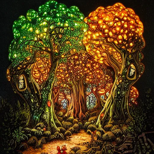 Image similar to acrylic painting, art in the style of Terry Moore, Moebius and Mohrbacher, a tiny village carved into the side of a tree, inhabited by elves and faeries, the outside lights are bioluminescent mushrooms and fungi intricately detailed