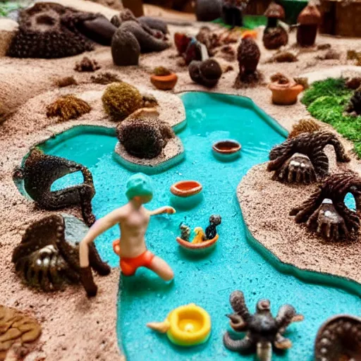 Prompt: a tiny people at a clay pool model full of resin as water which has a model of a clay octopus inside, resin and clay art.