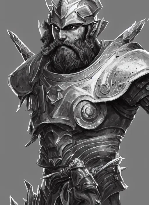 Prompt: a highly detailed illustration of furious rough bearded paladin wearing worn down silver armor, standing heroically war cry pose, intricate, elegant, highly detailed, centered, digital painting, artstation, concept art, smooth, sharp focus, league of legends concept art, WLOP