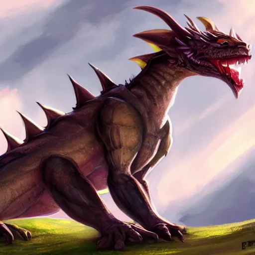 Image similar to anthro art, full body shot of a dragon smiling into the camera, furry art, furaffinity, extremely detailed, digital painting, artstation, concept art, smooth, sharp focus, illustration, trending