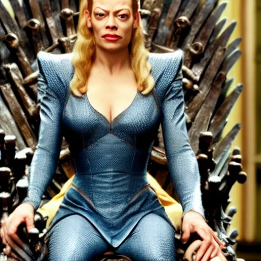 Image similar to seven of nine from star trek sitting on the iron throne in kings landing from game of thrones