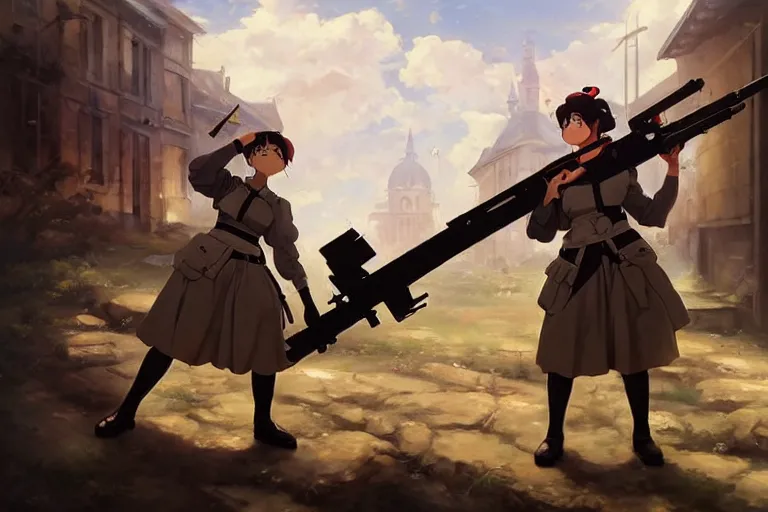 Image similar to baroque oil painting of anime key visual concept art of anime maid committing war crimes with rifle 1 9 4 0 during occupation of france colorized, trending on artstation, brush strokes, oil on canvas, style of makoto shinkai and greg rutkowski and studio ghibli