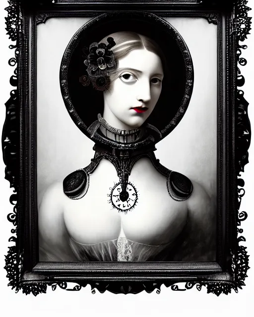 Image similar to black and white masterpiece profile portrait painting with no frame, dutch masters, one steampunk eye silver lace floral biomechanical beautiful young female cyborg, big monocular, volumetric light, hibiscus flowers, by dora maar, rim light, big gothic fashion pearl embroidered collar, 8 k