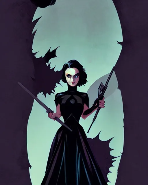 Image similar to rafael albuquerque comic art, peter mohrbacher, steve niles, phil noto, artgerm, pretty maika monroe dark witch black dress, symmetrical eyes