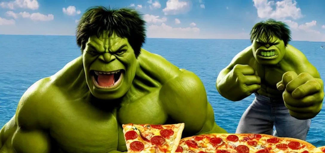 Prompt: a very high resolution image from a new movie. hulk eating pizza on a lake, photorealistic, photography, directed by wes anderson