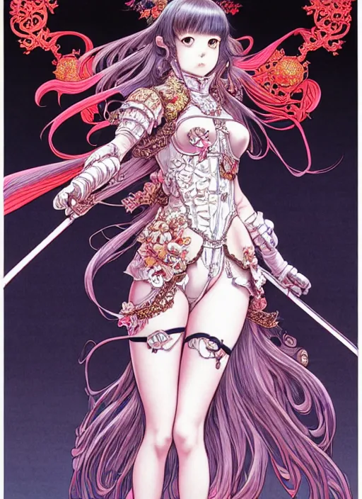 Prompt: highly detailed artgerm artstation minaba hideo fantastic fate katsuhiro otomo manga poster of dressed princess mechine, minaba hideo, long hair, armor, laces, ruffles, 8 k, fluorescent, maximalist, jump comics, art nouveau, takato yamamoto