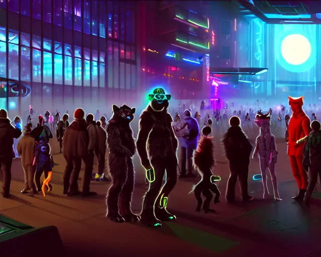 Image similar to high - resolution photograph from a cyberpunk era furry fandom convention ( midwest furfest 2 0 4 7 ), taking place after the genetic revolution and quantum singularity. photorealistic.