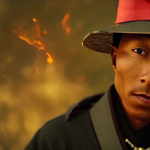 Image similar to cinematic film still Pharrell Williams starring as a Samurai holding fire, Japanese CGI, VFX, 2003, 40mm lens, shallow depth of field,film photography