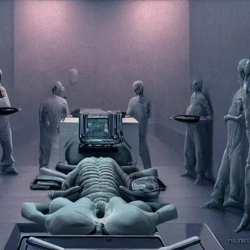 Prompt: government officials oversee an alien autopsy, beksinski, wayne barlowe, very coherent symmetrical artwork, cinematic, hyper realism, high detail, octane render, 8 k