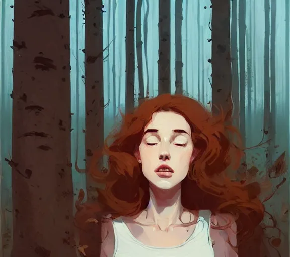 Image similar to portrait woman with long ginger curly hair in the woods, by atey ghailan, by greg rutkowski, by greg tocchini, by james gilleard, by joe fenton, by kaethe butcher, by ashley wood, dynamic lighting, gradient light blue, brown, blonde cream and white color scheme, grunge aesthetic