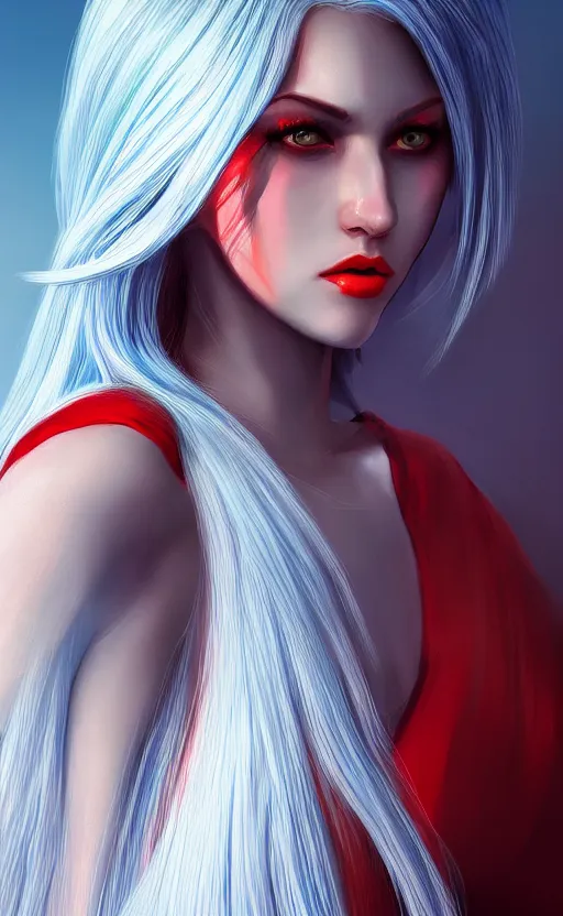 Image similar to the prettiest woman with silver blue hair, in a red and white dress portrait, dynamic lighting, fantasy concept art, trending on art station, stunning visuals, creative, cinematic, ultra detailed, ray tracing, sun rays, hyper realistic