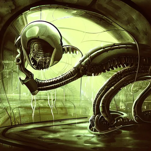 Prompt: alien facehugger attacking marine inside grungy spaceship, dripping oil and water, digital art, realistic