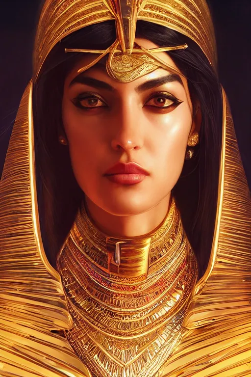 Image similar to Saba Mubarak as egyptian princess, gorgeous, portrait, powerful, intricate, beautiful, masterpiece, elegant, volumetric lighting, digital painting, highly detailed, artstation, sharp focus, illustration, Hajime sorayama, ruan jia