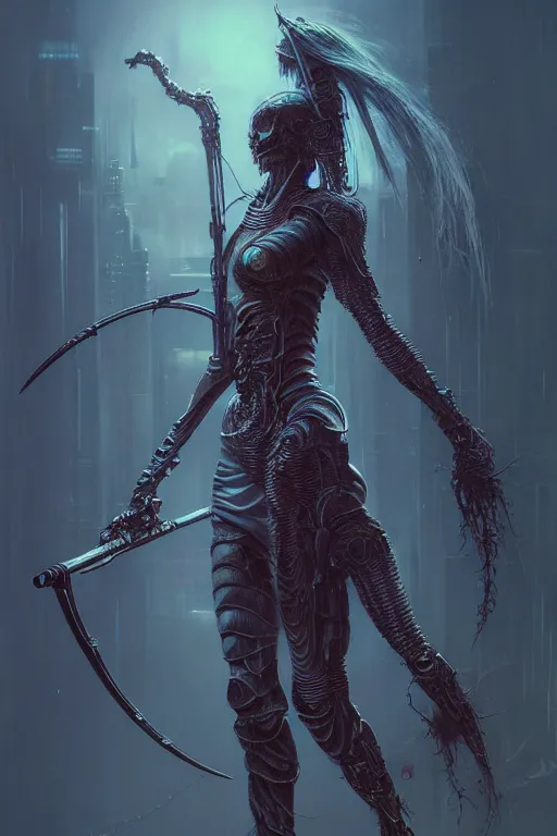 Image similar to a highly detailed long shot photo of cyberpunk female character by ayami kojima, elf, beksinski, giger, elf, wielding scythe, intricate, digital painting, artstation, concept art, smooth, sharp focus, full body