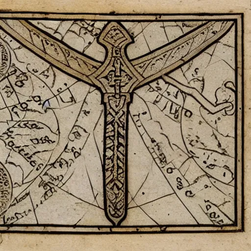 Prompt: a sword with an inlay engraving of a medieval map