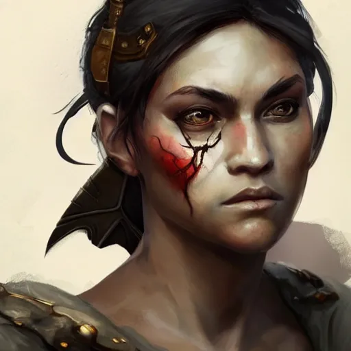 Image similar to beautiful, very strong, mixed race, female, middle aged, face, no makeup, scarred, warrior, head shot, fantasy, highly detailed, digital painting, artstation, concept art, smooth, sharp focus, illustration, art by jodie muir and brom