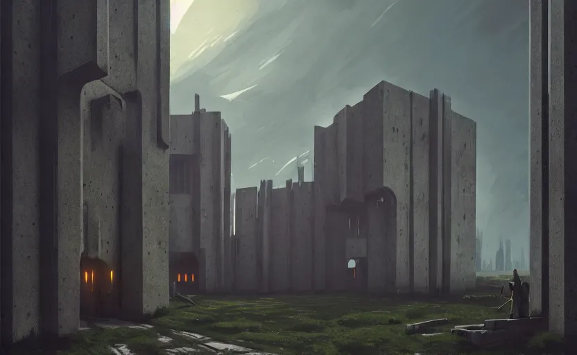 Image similar to exterior shot of utopian english brutalist medieval stronghold architecture with cinematic lighting by zaha hadid peter zumthor and renzo piano and, darek zabrocki and greg ruthkowski, simon stalenhag, cinematic, holy place, paradise, scifi, futurism, atmospheric, concept art, artstation, trending on artstation