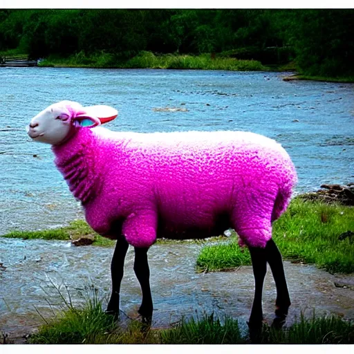 Prompt: “pink sheep by river”
