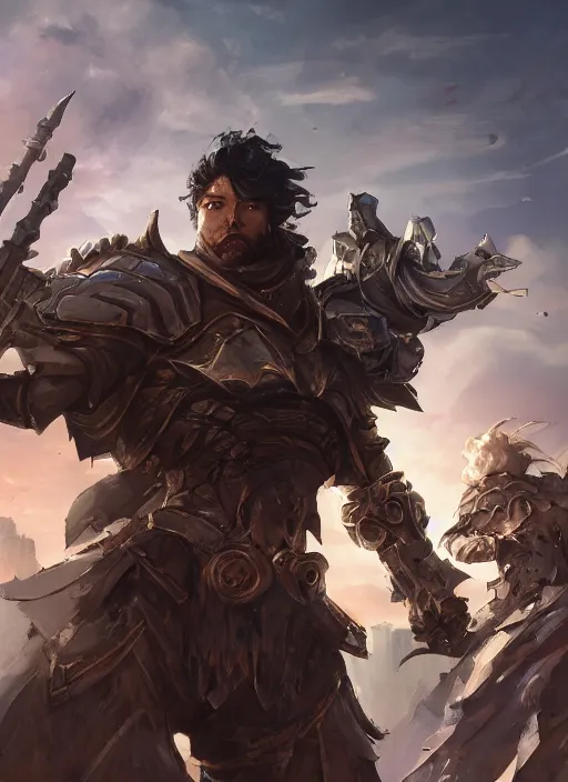 Image similar to paladin from afar, dynamic pose, color page, tankoban, tone mapping, jeongmin lee, johnnyd, herbie wang, robson michel, yang bilong, james jean andrei riabovitchev marc simonetti, yoshitaka amano, long hair, curly, h. hydrochaeri, 4 k