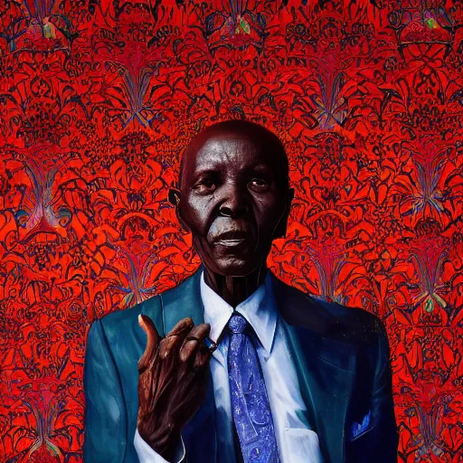 Prompt: a painting of a wise elder from Kenya in a suit by Kehinde Wiley . dramatic angle, ethereal lights, details, smooth, sharp focus, illustration, realistic, cinematic, artstation, award winning, rgb , unreal engine, octane render, cinematic light, macro, depth of field, blur, red light and clouds from the back, highly detailed epic cinematic concept art CG render made in Maya, Blender and Photoshop, octane render, excellent composition, dynamic dramatic cinematic lighting, aesthetic, very inspirational, arthouse.
