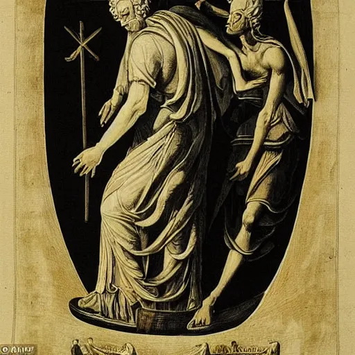 Image similar to barinthus, the ferryman, personification of age carrying a person towards death, esoteric experience of dying from the aging process of life