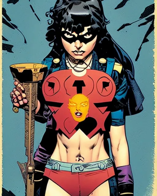 Image similar to mike mignola and sandra chevrier comic cover art, full body cute young lady, symmetrical eyes, bangs, rim lighting, vivid colors