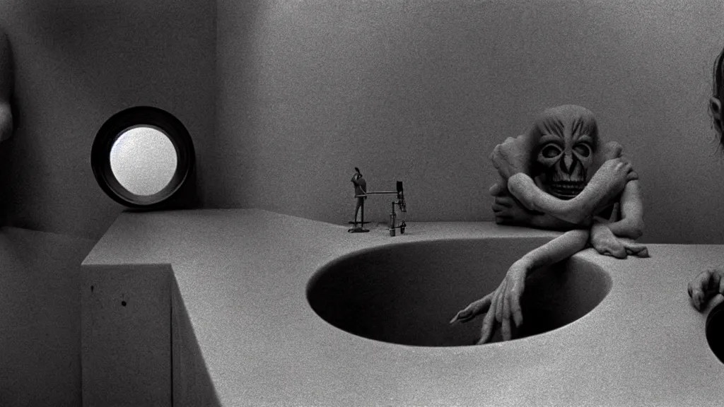 Prompt: the strange creature in the sink, they look at me, film still from the movie directed by wes anderson and david cronenberg with art direction by salvador dali and zdzisław beksinski, wide lens