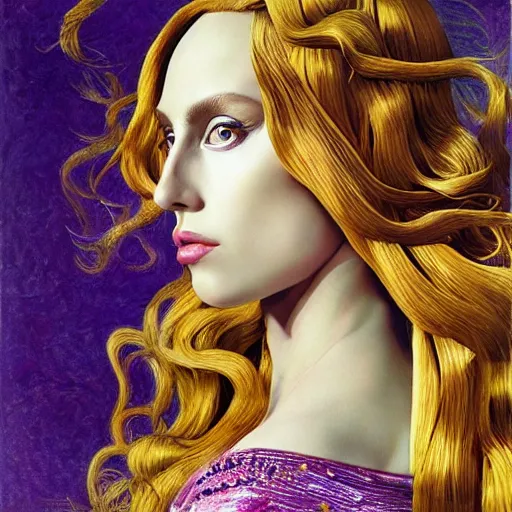 Image similar to photo realistic, hyper realism, lady gaga artpop act ii album, intricate detail, hyper detail, sandro botticelli style, with honey light brown rapunzel hair, detailed, masterpiece, sharp focus,