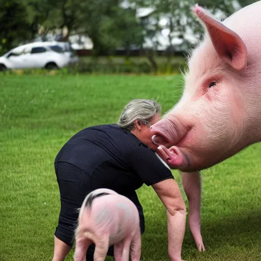 Image similar to a woman interrupts a pig with a microphone