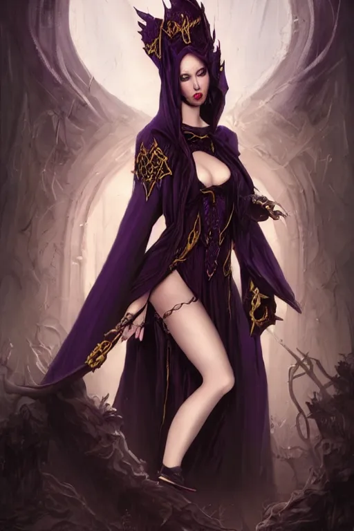 Prompt: Dark Fantasy portrait, Necromancer, female, gorgeous, beautiful face, dark garments, dark pruple robes, gold bracelet, Black cloak from neck to ankles, fishnets stockings, pin-up, shapely toned derriere, highly detailed, smooth, shrap focus, digital painting, illustration, by by Albert Aublet, Krenz Cushart, WLOP and Sakimichan, artstation