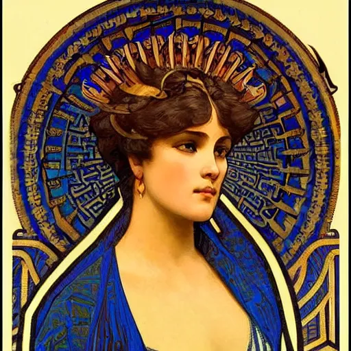 Image similar to a beautiful portrait of a woman inspired by the ishtar gate in ancient babylon. highly detailed face. art by alphonse mucha and alphonse mucha and alphonse mucha