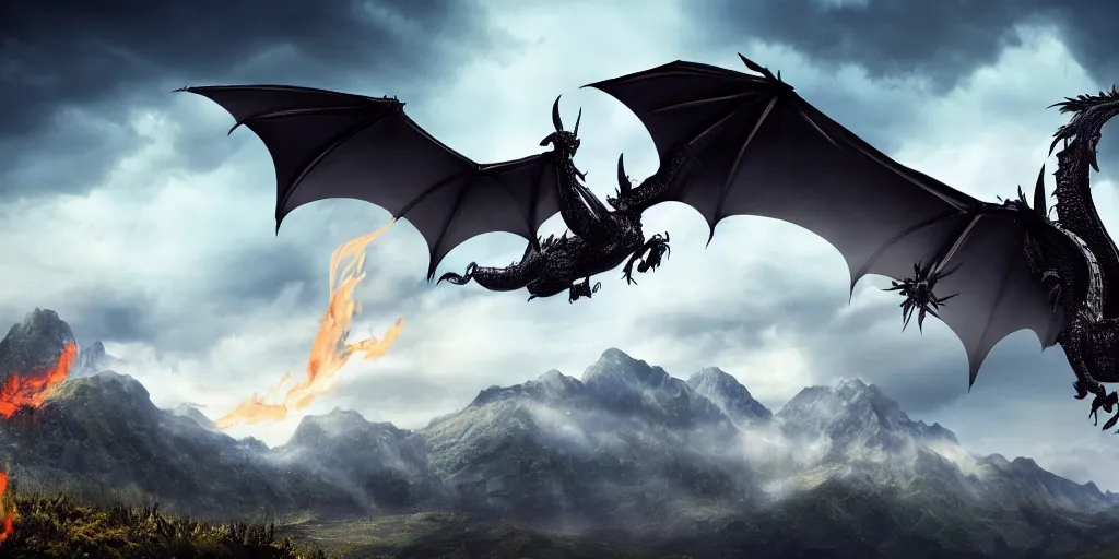 Image similar to a powerful flying black fire Dragon spitting fire in the foreground, big Mountains and wide forrests with trees are in the Background, stormy weather at night ,cinematic Style, hyperrealistic