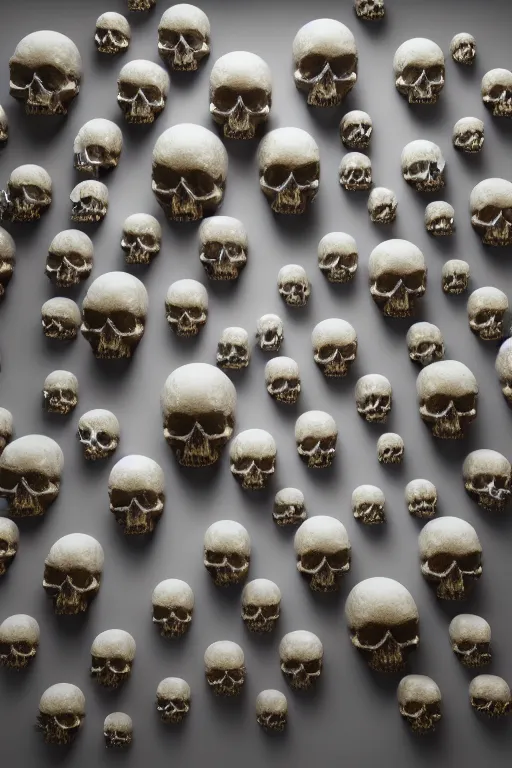 Image similar to 3 d render by daniel arsham of melting solid gold skulls, reflective, volumetric lighting, on clean white background