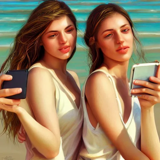 Image similar to beautiful serene intricate portrait of identical twin women, taking a selfie, smiling softly, relaxing on the beach, wearing casual clothes golden hour, soft focus, 8 k, art by irakli nadar, hyperrealism, hyperdetailed, ultra realistic