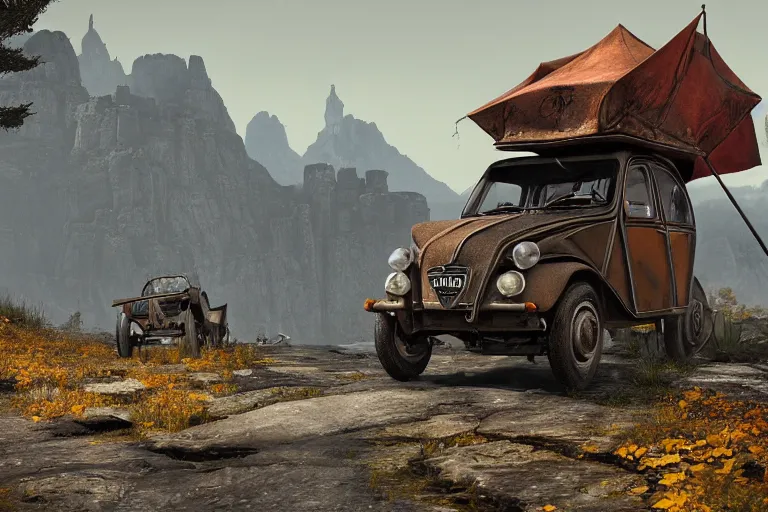 Prompt: daedric offroad citroen 2 cv ( 1 9 6 5 ) driving across the rift, daedric axe stored on the side of the car, leather and cloth traveller backpacks on roof, riften city in the background, epic fantasy, autumn, the elder scrolls v : skyrim, dramatic lighting, establishing shot, by simon stalenhag