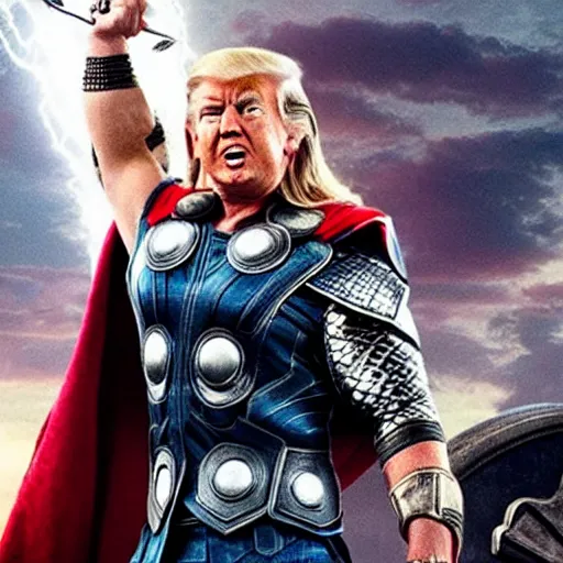 Image similar to Donald Trump as Thor the god of thunder, avengers film still