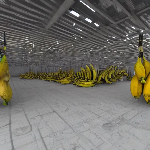 Prompt: The Interior of the Banana Cartel Warehouse, 3d render art, trending on cgsociety
