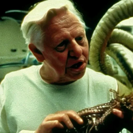 Image similar to cinematic still of sir david attenborough holding a xenomorph larva in awe in 1 9 7 9 movie alien, hd, 4 k