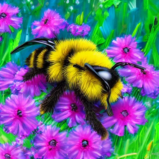 Image similar to cute fluffy bumblebee sitting on spring flowers detailed painting 4 k