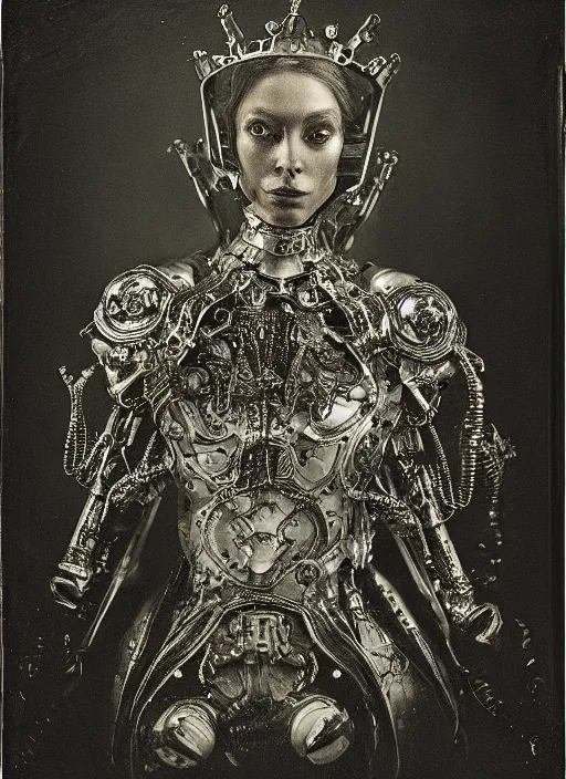 Image similar to old wetplate daguerreotype frame portrait of a futuristic silver armored pretty queen elisabeth emperor district 9 cyborg, fractal, intricate, elegant, highly detailed, subsurface scattering, by jheronimus bosch and greg rutkowski and louis jacques mande daguerre