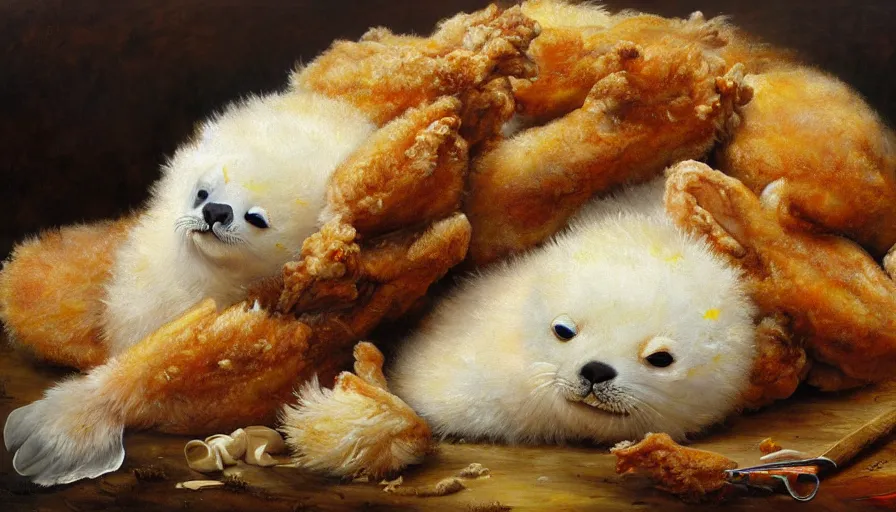 Prompt: highly detailed painting of cute furry white baby seals cuddling up in a big pile of fried chicken by william turner, thick brush strokes and visible paint layers, 4 k resolution