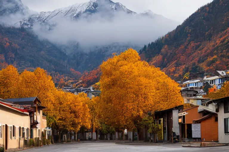 Prompt: warehouses lining a street, with an autumn mountain directly behind, lens compressed, photography