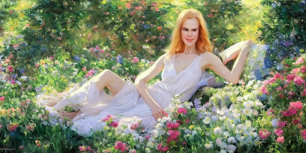 Image similar to portrait of nicole kidman in the garden, morning, highly detailed, ultrarealistic oil painting, vladimir volegov, artstation