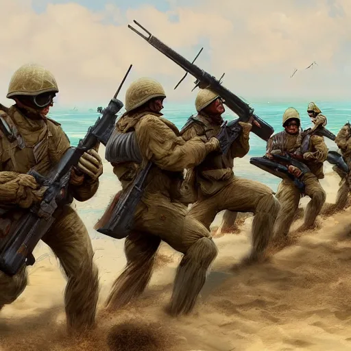 Image similar to rooster soldiers storming the beach d - day in normandy, hyperdetailed, artstation, cgsociety, 8 k